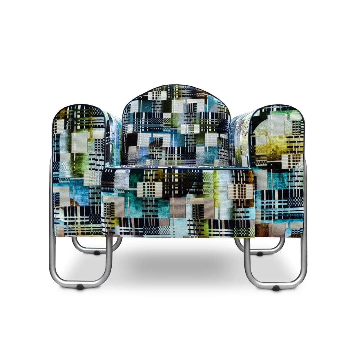 Dyker 30 fauteuil met de geometrische stof Chandigarh aqua