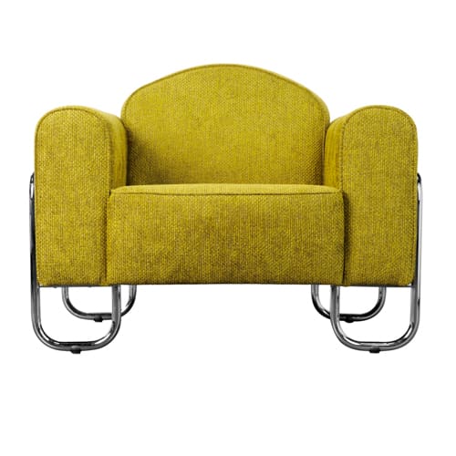 Dyker 30 fauteuil in Bauhausstijl, met frisse appelgroene Birkett stof. Comfortabel, stijlvol en tijdloos Nederlands vakmanschap