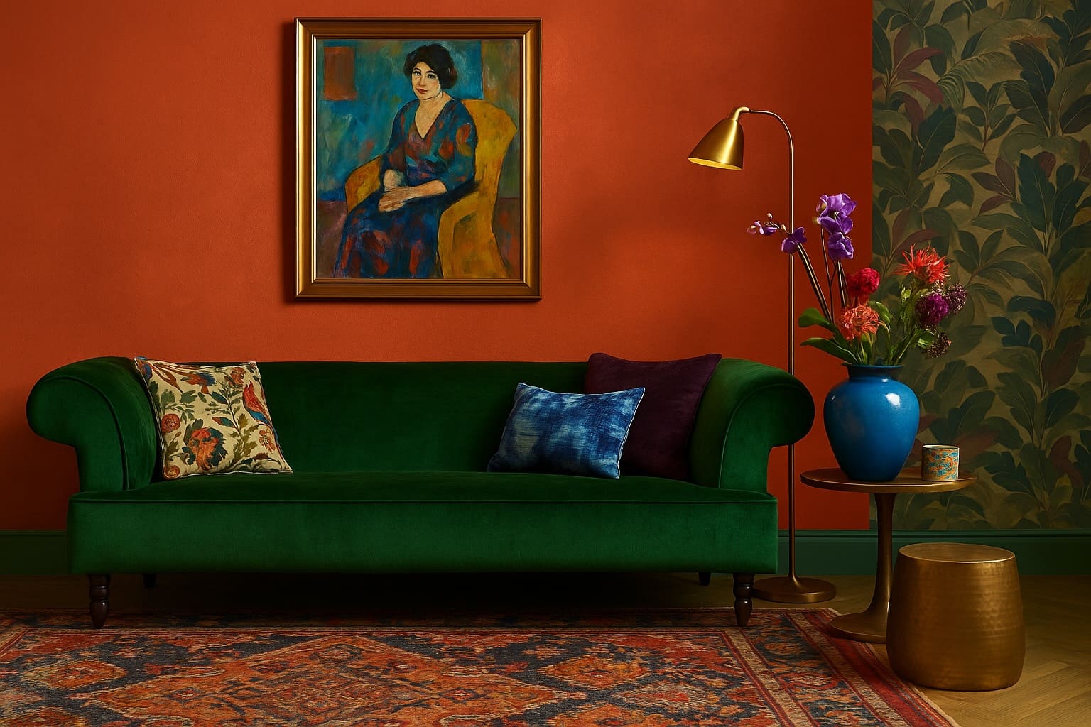 Kleurrijk wonen: een kleurrijke woonkamer met de groene bank Rookery Ampara Forest