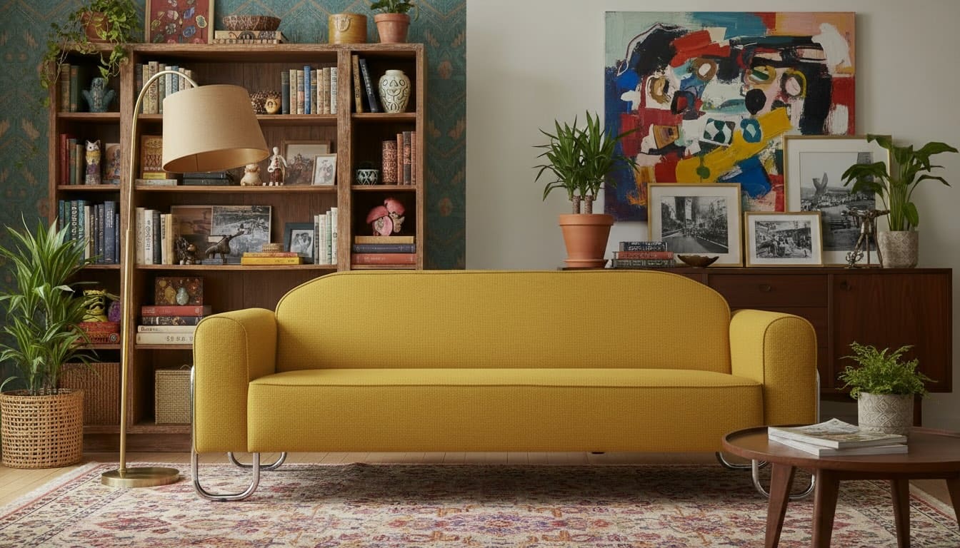 Een AI-sfeerimpressie van onze gele 3-zitsbank Dyker 30 Winner. Dit kan veel verandering in je interieur brengen zonder verbouwen.